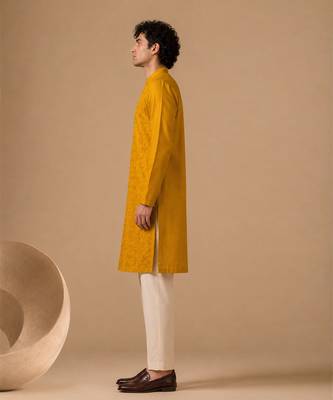 Yellow embroidered chanderi kurta and pant 3