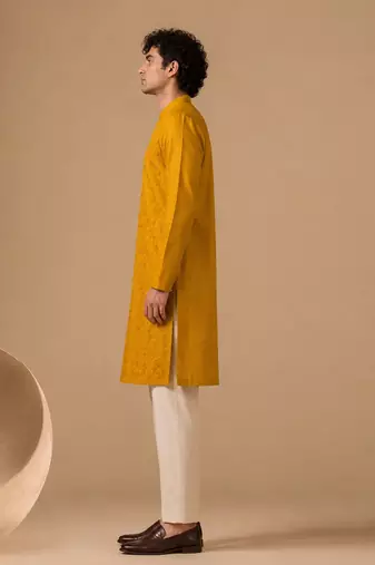 Yellow embroidered chanderi kurta and pant