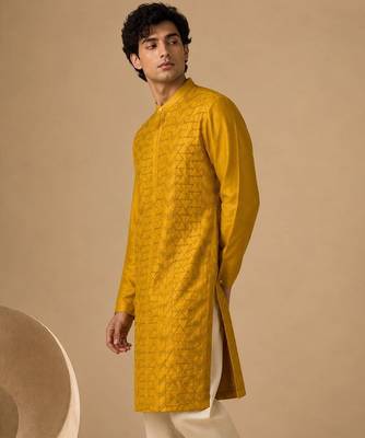 Yellow embroidered chanderi kurta and pant 4