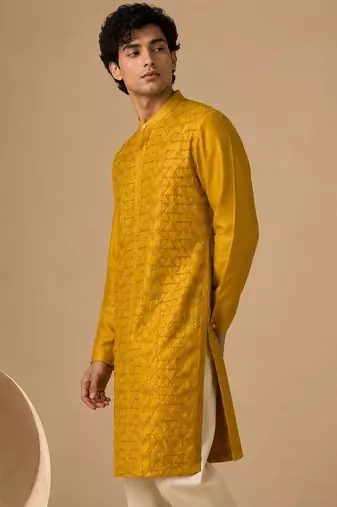 Yellow embroidered chanderi kurta and pant