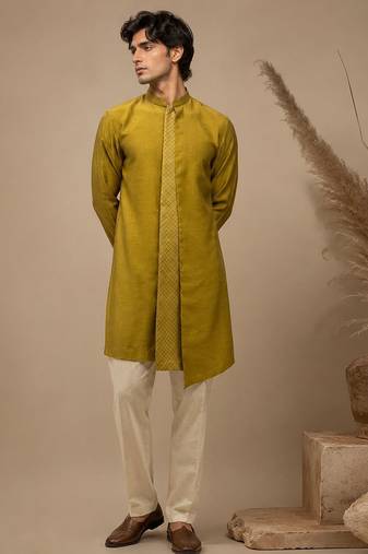 Moss green embroidered chanderi kurta and pant