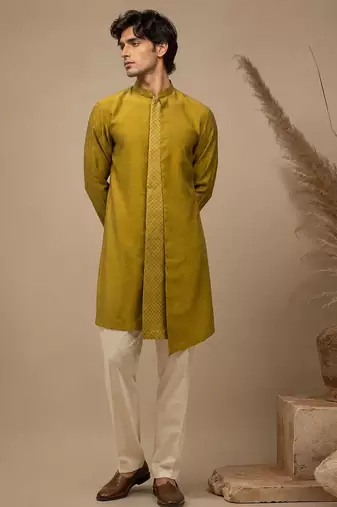 Moss green embroidered chanderi kurta and pant