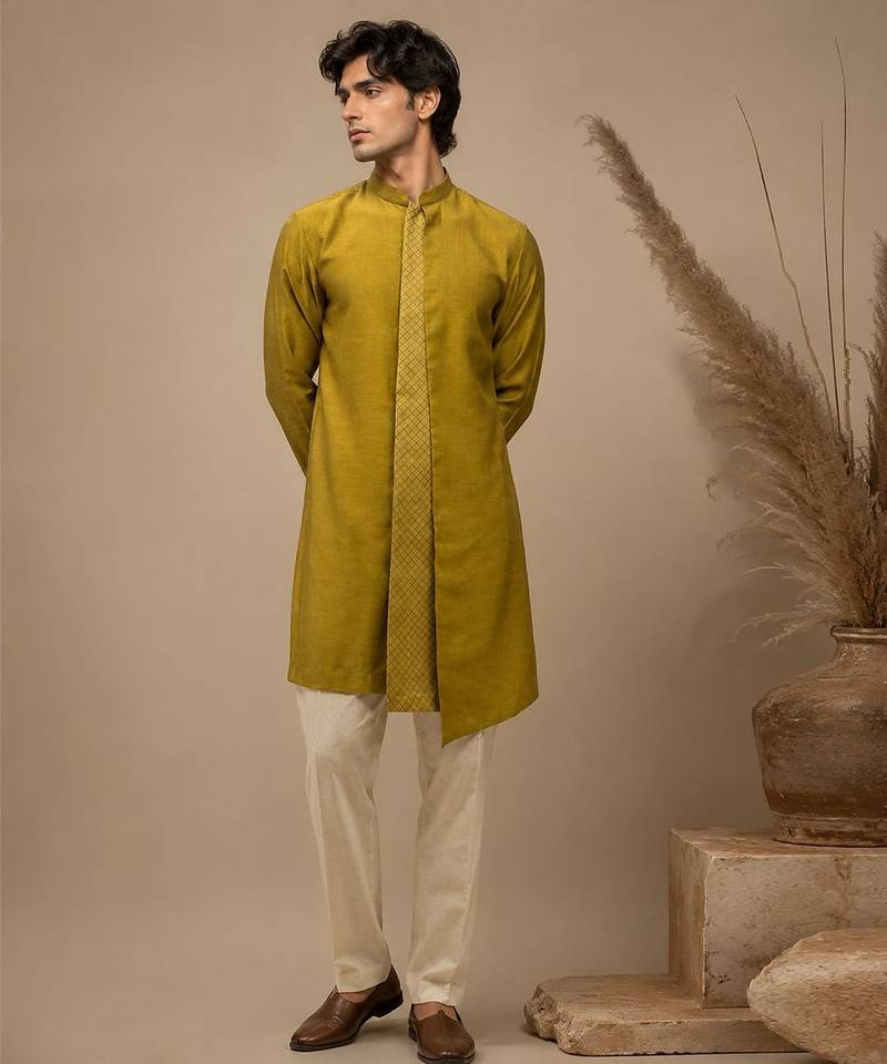 Moss green embroidered chanderi kurta and pant