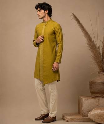 Moss green embroidered chanderi kurta and pant 2