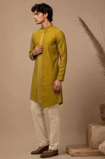 Moss green embroidered chanderi kurta and pant