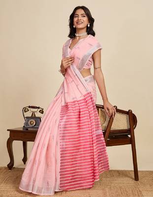 Light pink digital print with jari border linan saree with blouse 1