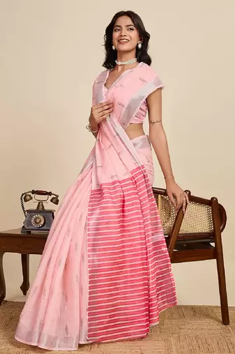 Light pink digital print with jari border linan saree with blouse