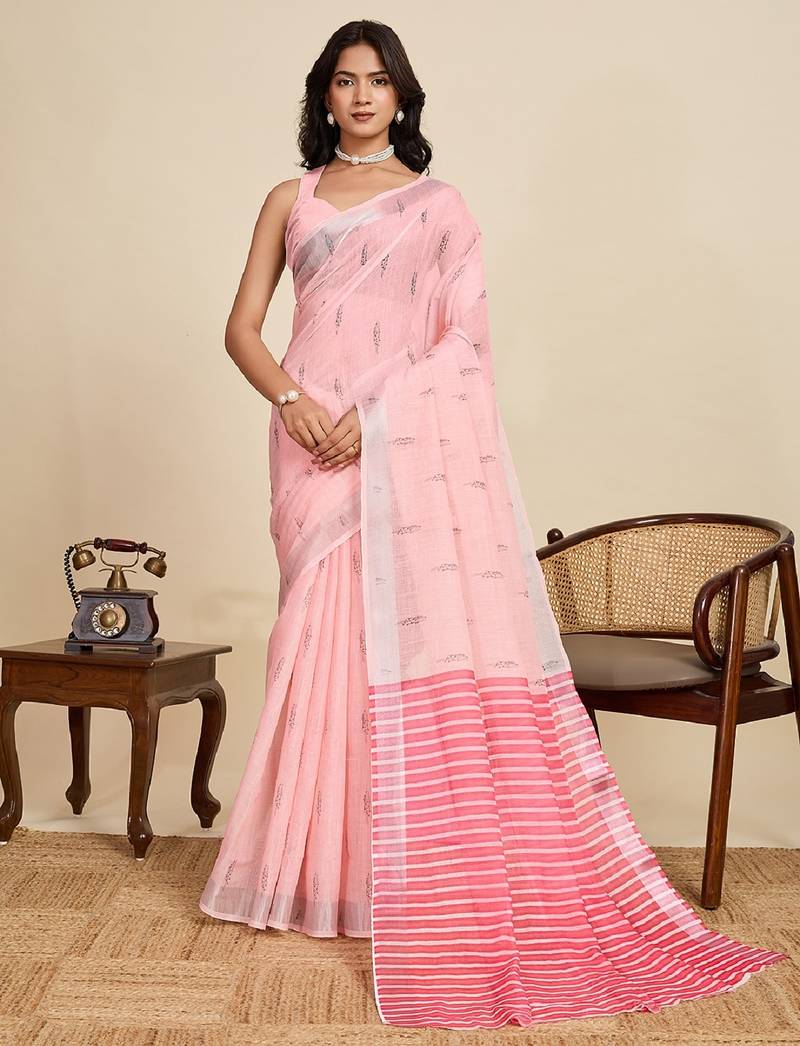 Light pink digital print with jari border linan saree with blouse