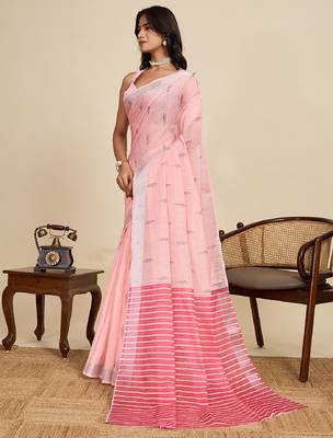Light pink digital print with jari border linan saree with blouse 3
