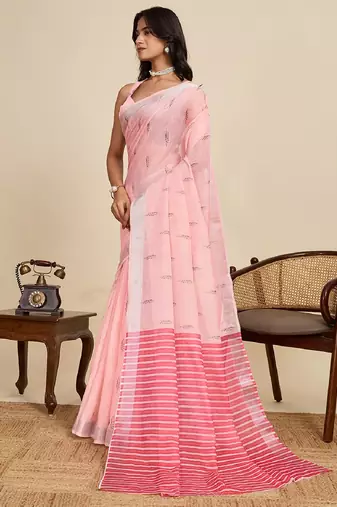 Light pink digital print with jari border linan saree with blouse