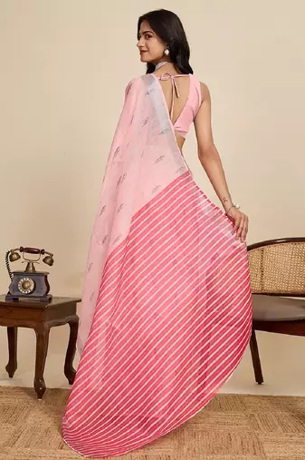 Light pink digital print with jari border linan saree with blouse