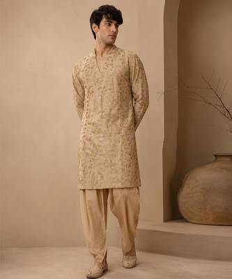 Gold embroidered chanderi silk kurta and dhoti pant 1