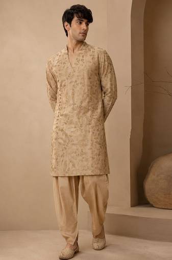 Gold embroidered chanderi silk kurta and dhoti pant