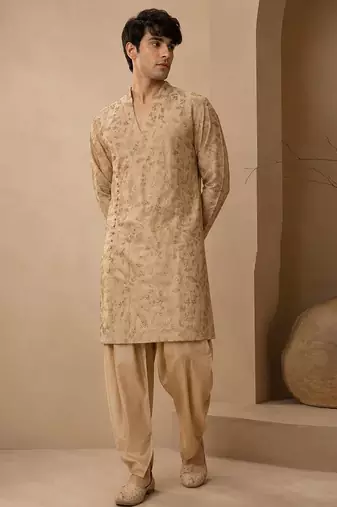 Gold embroidered chanderi silk kurta and dhoti pant