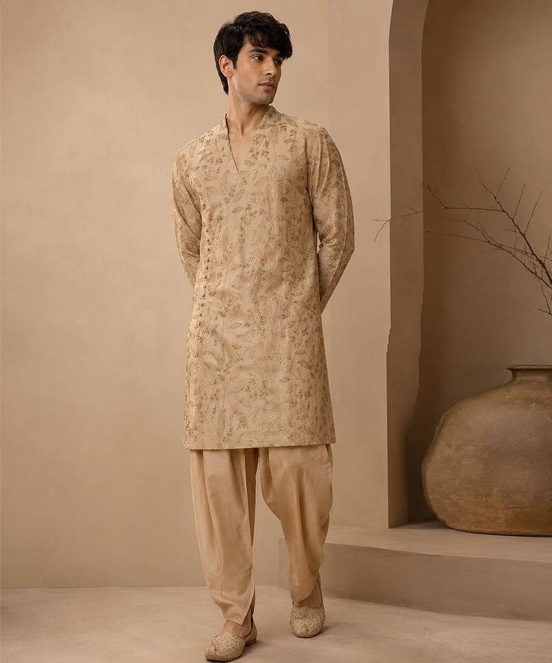 Gold embroidered chanderi silk kurta and dhoti pant