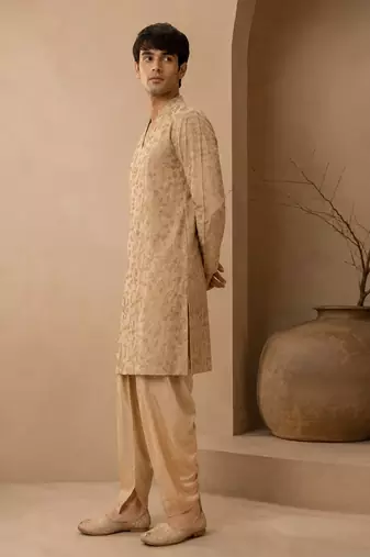 Gold embroidered chanderi silk kurta and dhoti pant