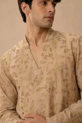 Gold embroidered chanderi silk kurta and dhoti pant