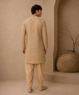 Gold embroidered chanderi silk kurta and dhoti pant 5