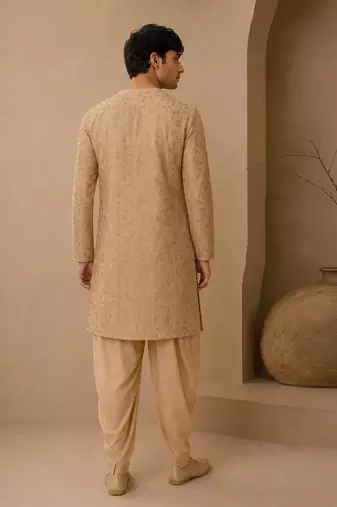 Gold embroidered chanderi silk kurta and dhoti pant