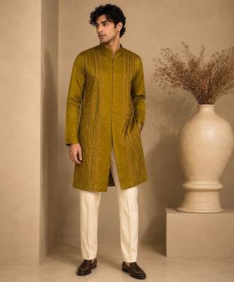 Mustard yellow embroidered rt fiona silk kurta and pant 1