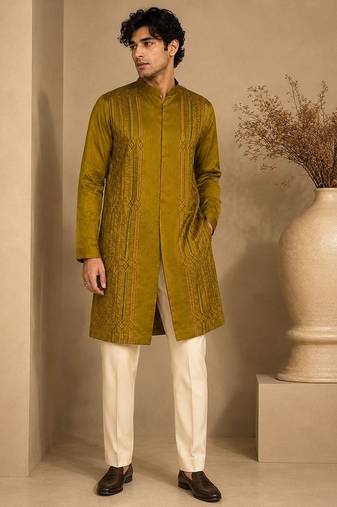 Mustard yellow embroidered rt fiona silk kurta and pant