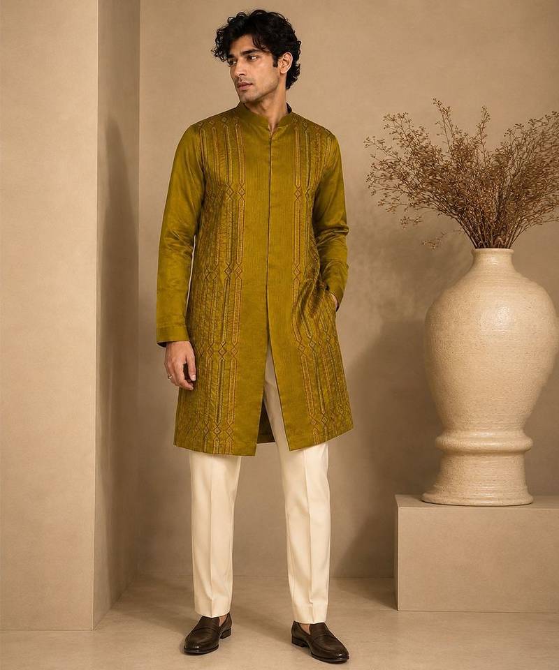 Mustard yellow embroidered rt fiona silk kurta and pant