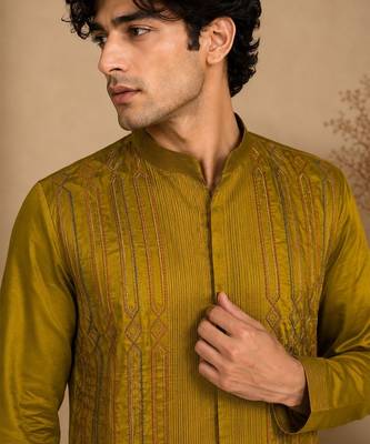 Mustard yellow embroidered rt fiona silk kurta and pant 2