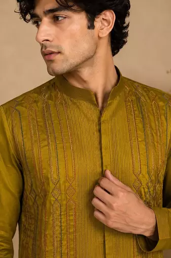 Mustard yellow embroidered rt fiona silk kurta and pant