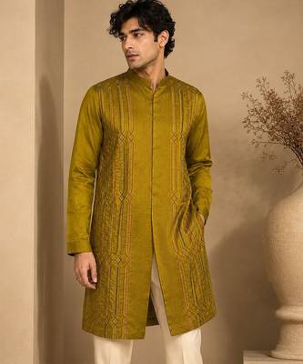 Mustard yellow embroidered rt fiona silk kurta and pant 3