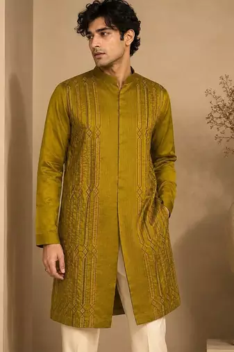 Mustard yellow embroidered rt fiona silk kurta and pant