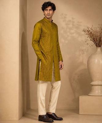 Mustard yellow embroidered rt fiona silk kurta and pant 4
