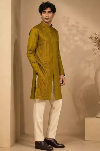 Mustard yellow embroidered rt fiona silk kurta and pant