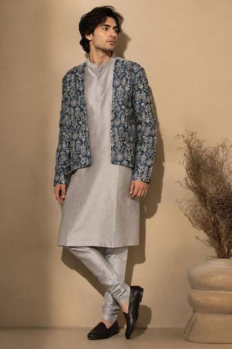 Grey blue printed chanderi silk attached jacket kurta and pant