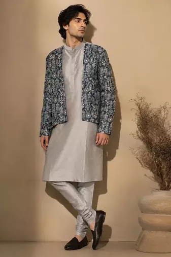 Grey blue printed chanderi silk attached jacket kurta and pant