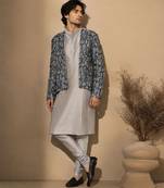 Grey blue printed chanderi silk attached jacket kurta and pant