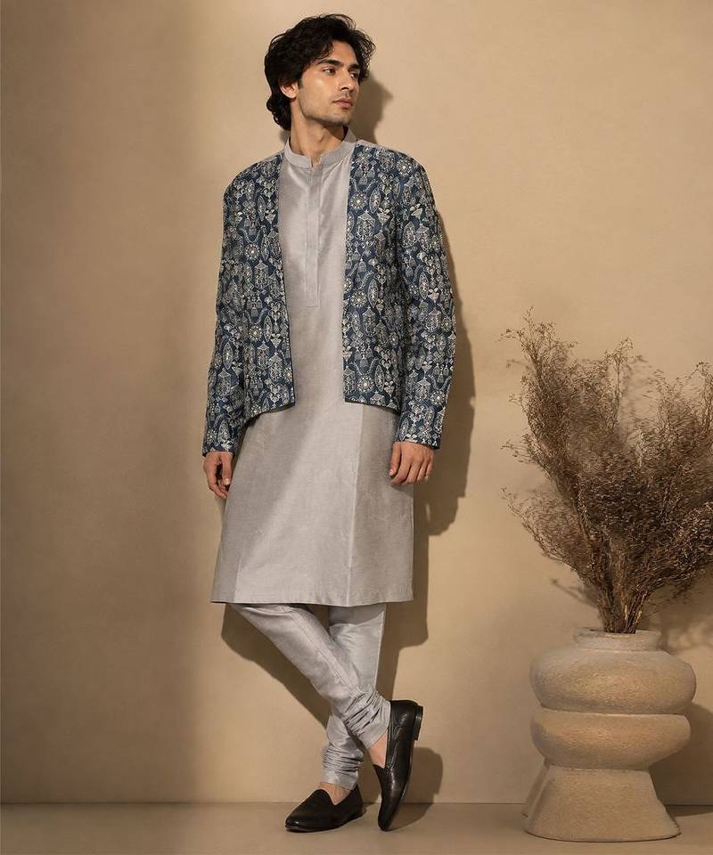 Grey blue printed chanderi silk attached jacket kurta and pant