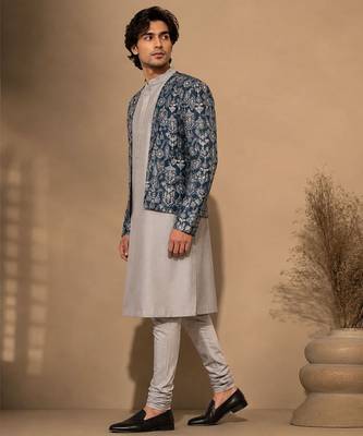 Grey blue printed chanderi silk attached jacket kurta and pant 2