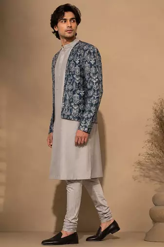 Grey blue printed chanderi silk attached jacket kurta and pant