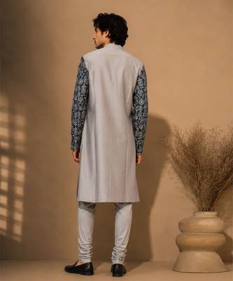 Grey blue printed chanderi silk attached jacket kurta and pant 3