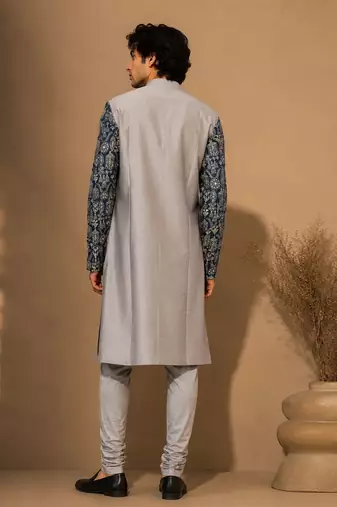 Grey blue printed chanderi silk attached jacket kurta and pant