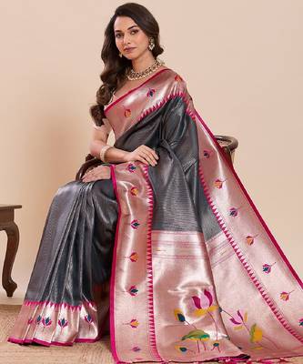 black golden zari work pure silk blend saree with blouse 1