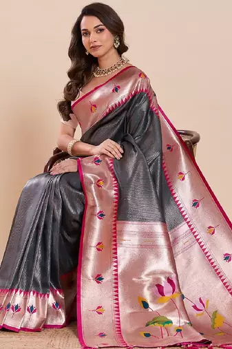 black golden zari work pure silk blend saree with blouse