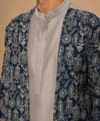 Grey blue printed chanderi silk attached jacket kurta and pant 4