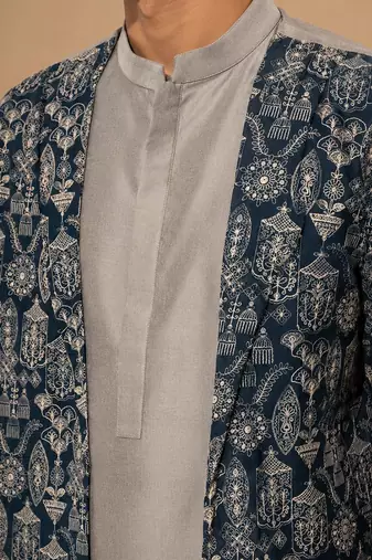 Grey blue printed chanderi silk attached jacket kurta and pant