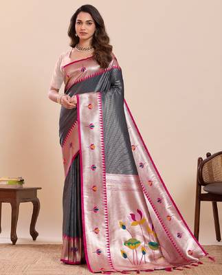 black golden zari work pure silk blend saree with blouse 2