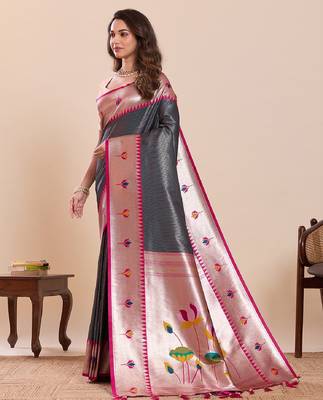 black golden zari work pure silk blend saree with blouse 3