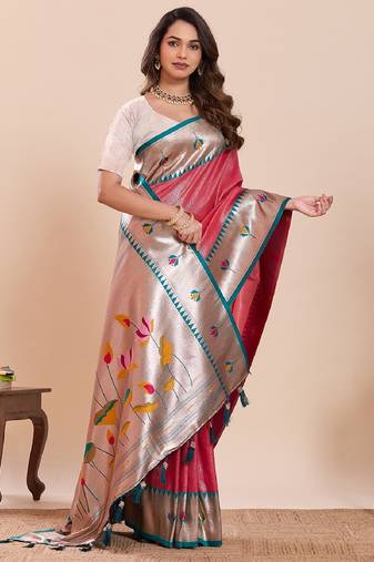 red golden zari work pure silk blend saree with blouse
