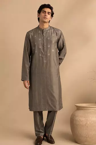 Grey embroidered bemberg silk kurta and pant