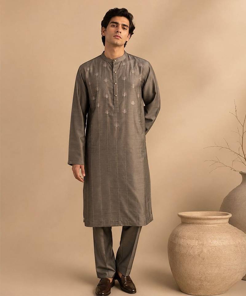Grey embroidered bemberg silk kurta and pant