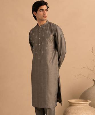 Grey embroidered bemberg silk kurta and pant 2